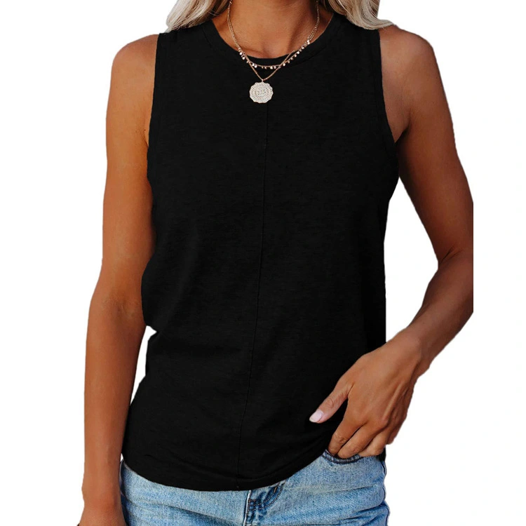 Summer Women's Stylish Loose Round Neck Solid Color Sleeveless Vest T-shirt