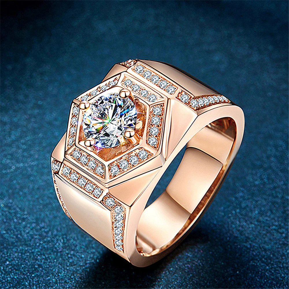 18K Rose Gold Plated Platinum Hexagonal Diamond Ring