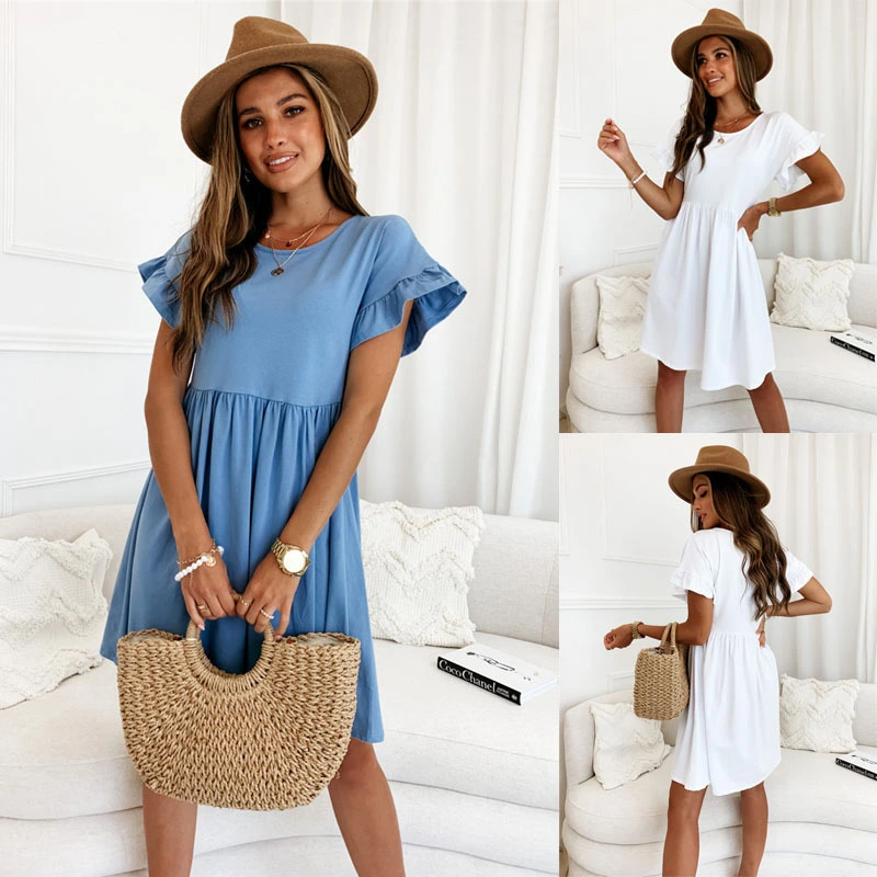 Women's Solid Color Ruffle Sleeve Commuter Dress