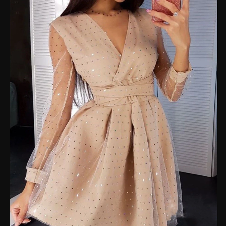 Women's Temperament Commute Sequined Polka Dot V-neck Dress