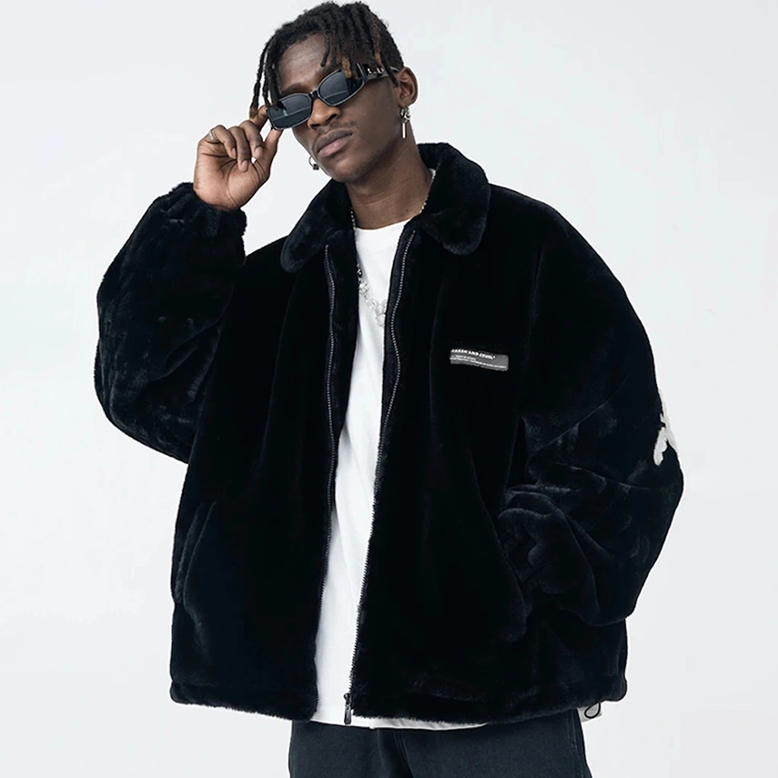 Cotton Thickened Black Loose Solid Color Zip Casual Jacket