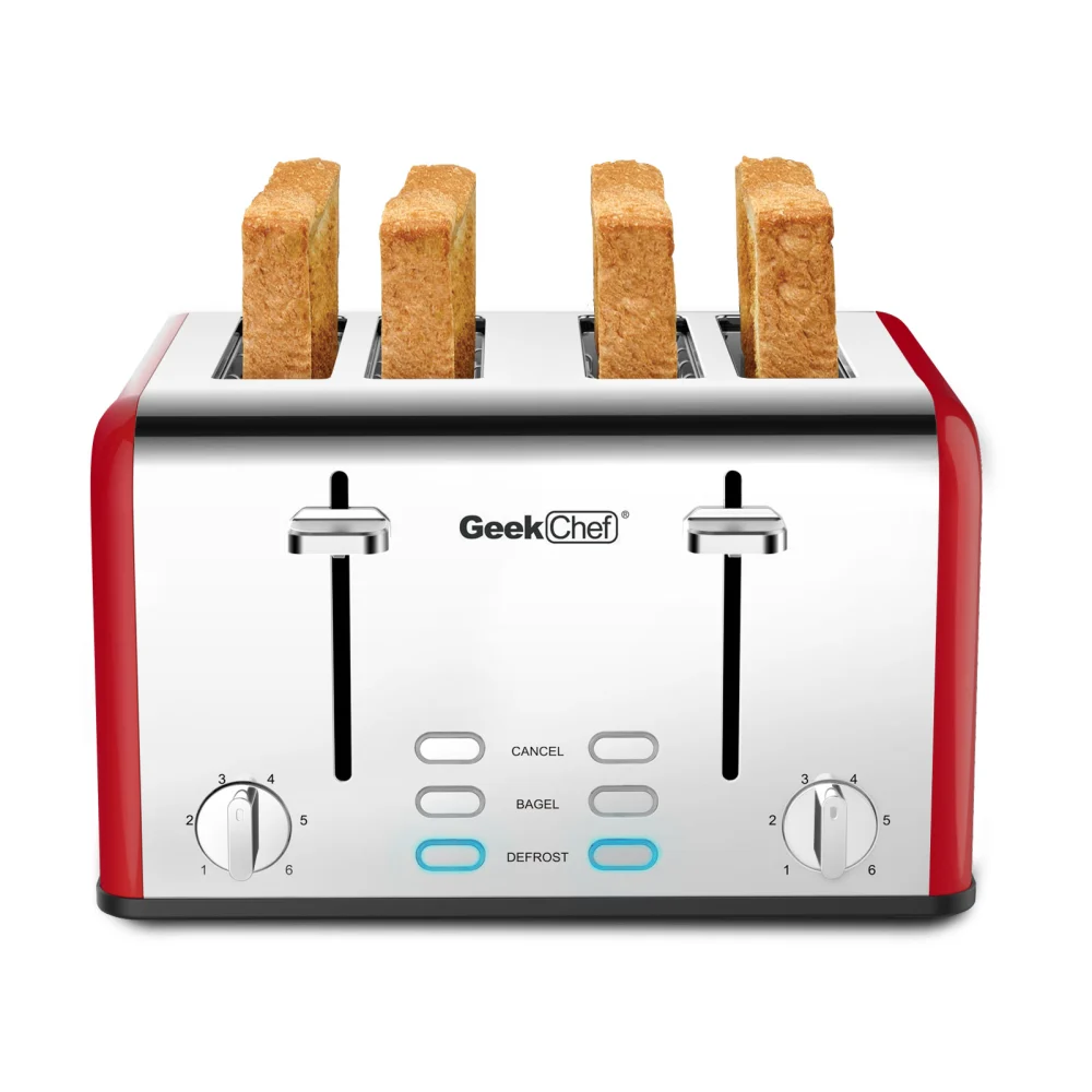 Toaster 4 Slices, Geek Chef Stainless Steel Extra-wide Slot Toaster, Dual Control Panel With Bagel,defrost ,cancel,Function,prohibition Of Listing On Zinc