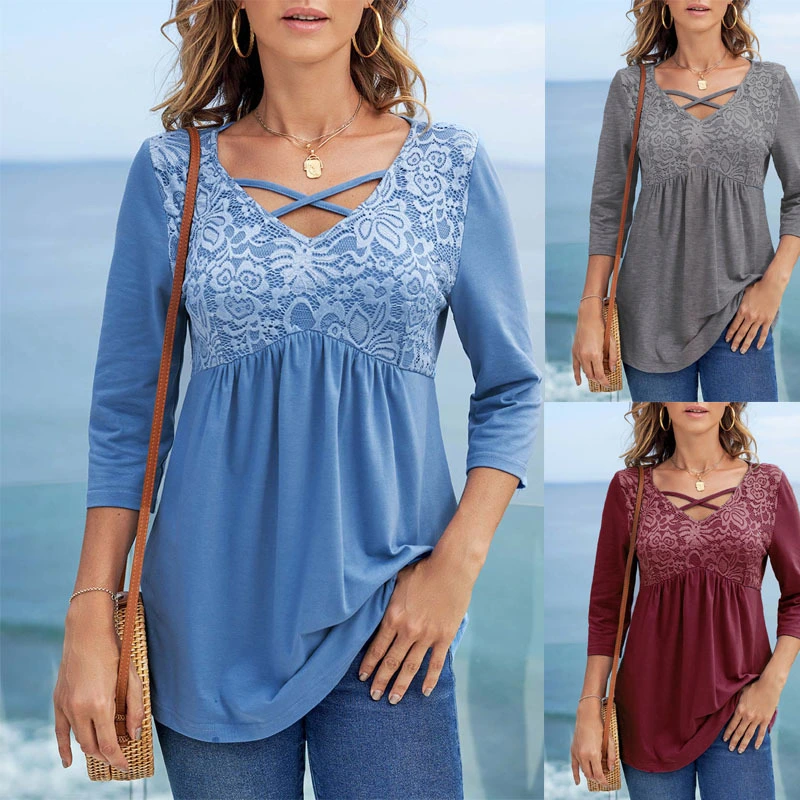 Casual Lace Stitching Women's Cross-strap Three-quarter Sleeve T-shirt