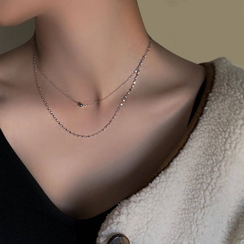 Women's Fashion Sterling Silver Necklace Light Beads Double Layer Clavicle Chain