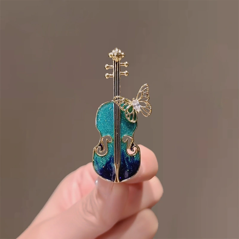 Blue Violin Brooch Statement Sweater Accessory