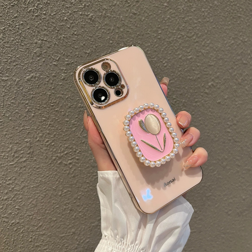 Electroplating Tulip Pearl Stand Phone Case