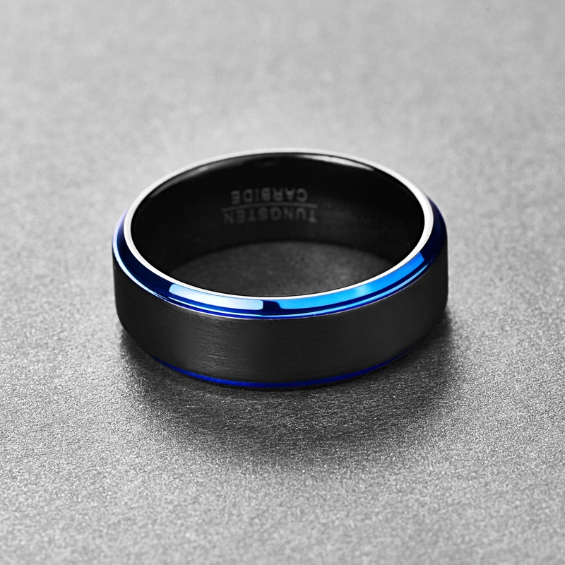 Frosted Blue Step Edge Plated Black Men's Tungsten Steel Ring