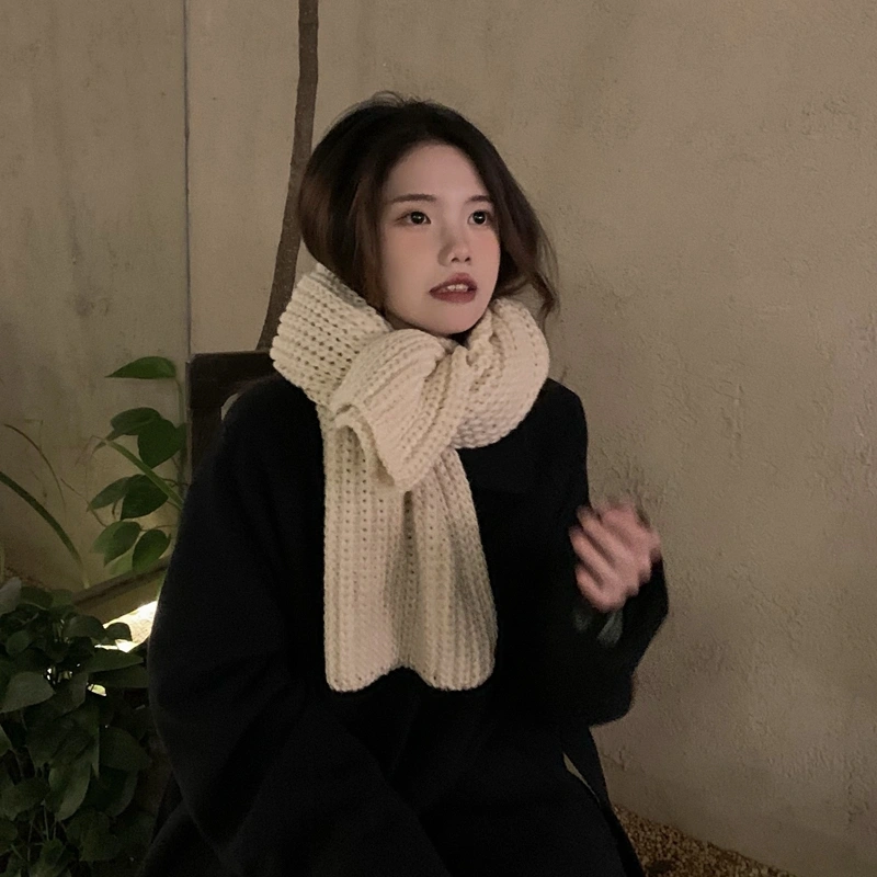 All-match Winter Thickened Warm Solid Color Thick Knit Woolen Scarf Women