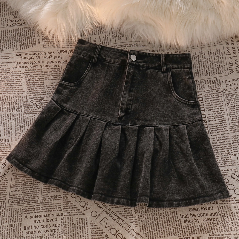 Black Pleated Denim Skirt - Size S,M,L