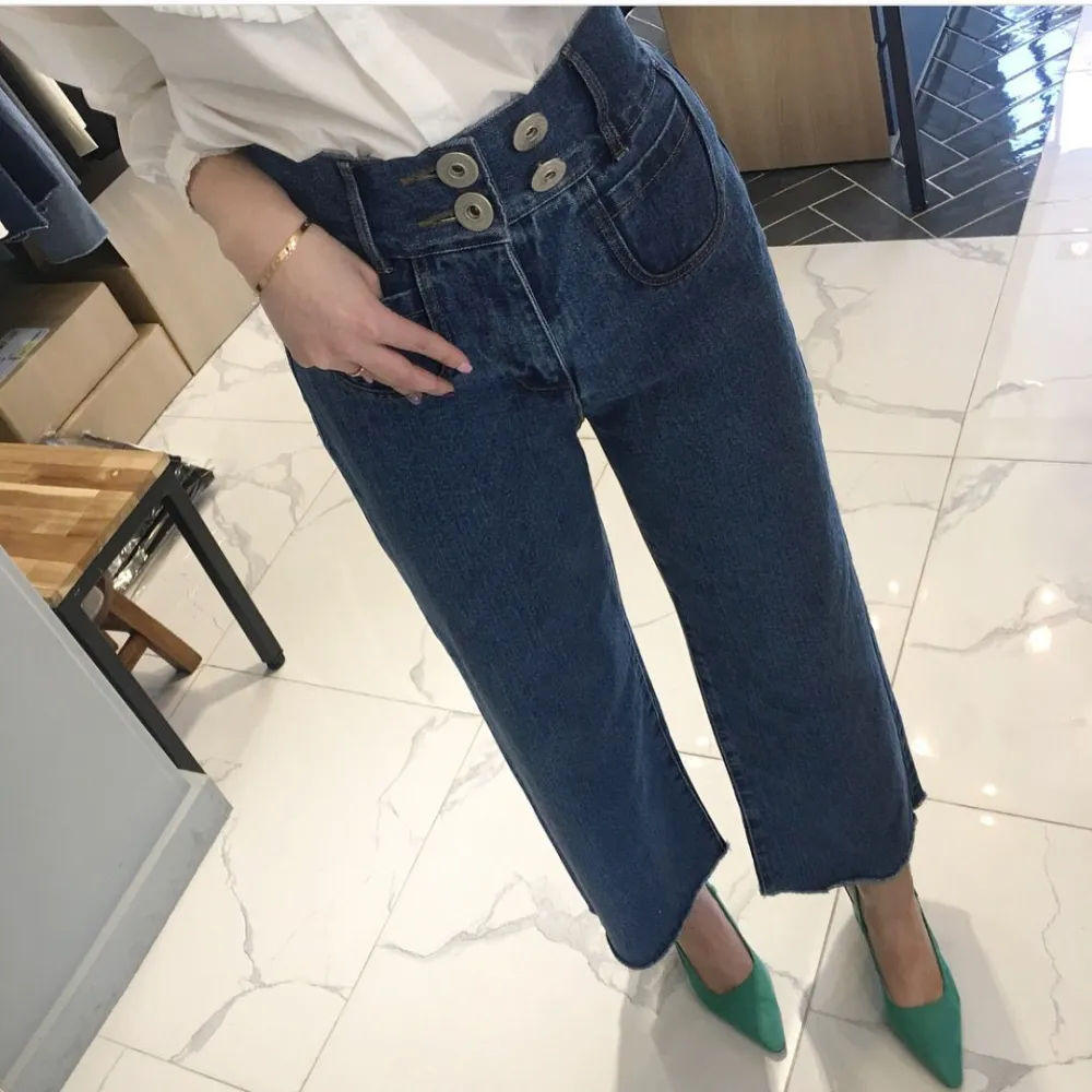 Retro High Waist Wash Double Breasted Pocket Loose Slimming And Wide Leg Denim Trousers For Women