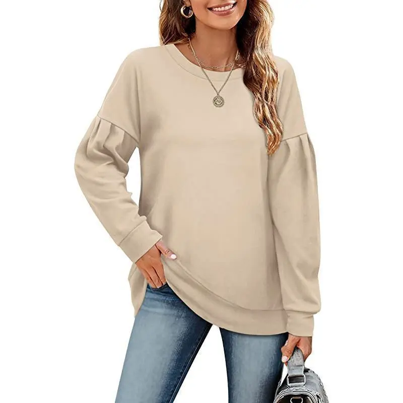 Women's Solid Color Sweatshirt With Round Neck Stitching