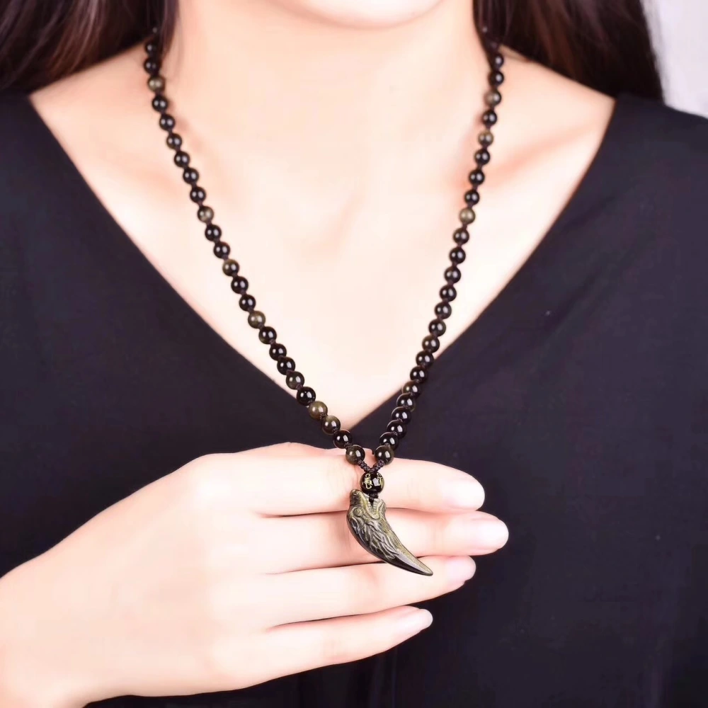 Men's And Women's Natural Obsidian Wolf Tooth Shape Pendant Necklace