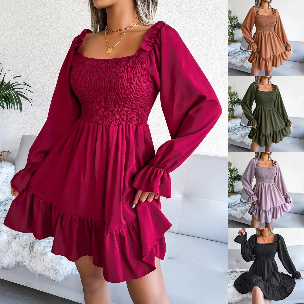 Square Neck Flared Long Sleeve Ruffle Swing Dress