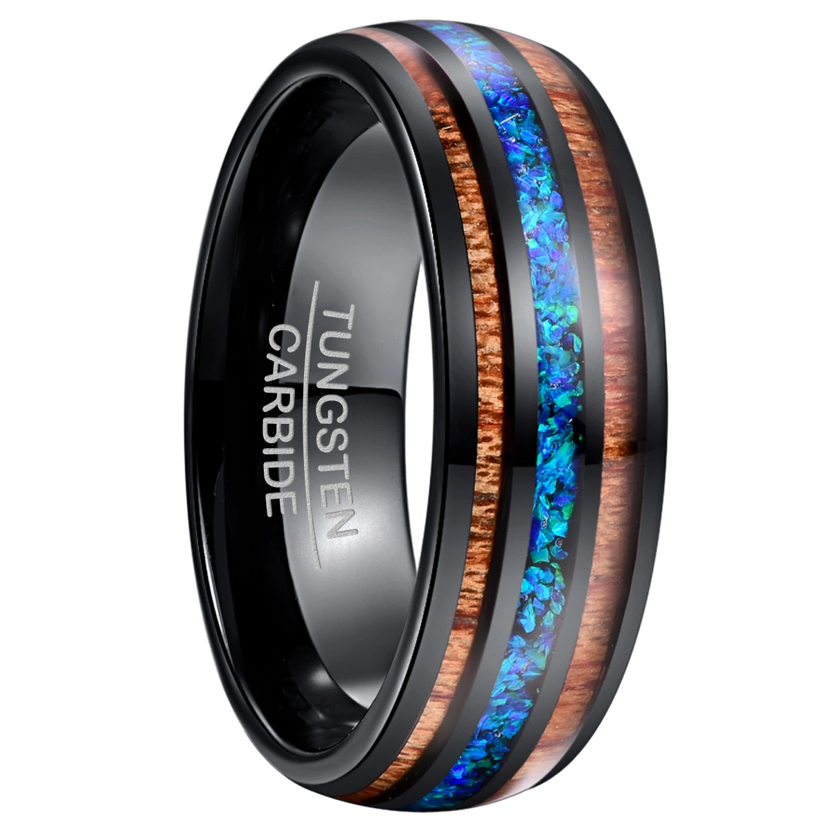 8mm Wide Black Two Acacia Wood Sapphire Blue Opal Tungsten Steel Ring