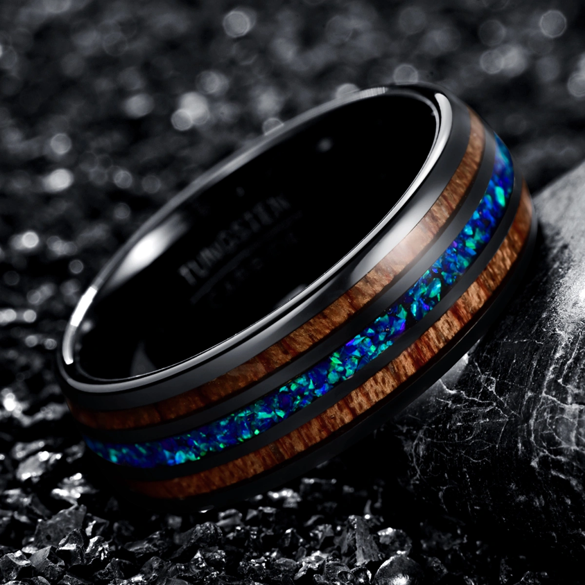 8mm Wide Black Two Acacia Wood Sapphire Blue Opal Tungsten Steel Ring