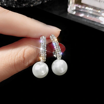 Sterling Silver Needle Diamond C- Shaped Pearl Earrings For Women Japanese And Korean Style Graceful Online Influencer Ear Rings Simple Cold Style Earrings