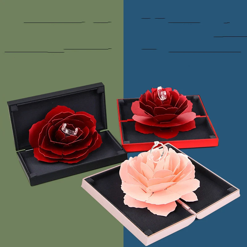 Rose Flower Rotating Ring Box Wedding Net Red