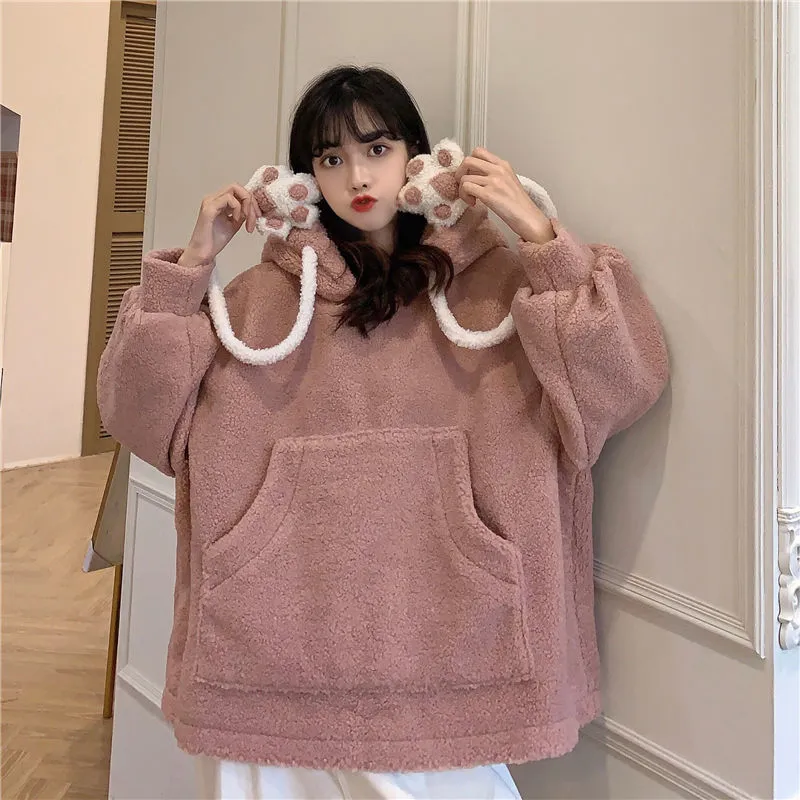 Women's Faux Lamb Wool Bear Ears Hooded Jacket Top