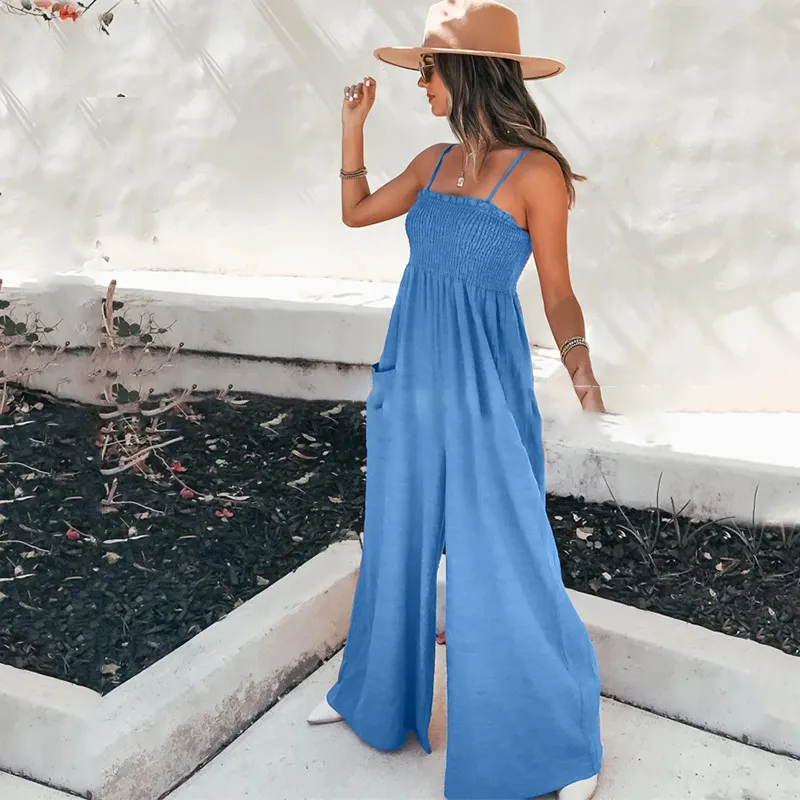 Women's Suspender Pocket Wide-Leg High-Waist Vacation Jumpsuit