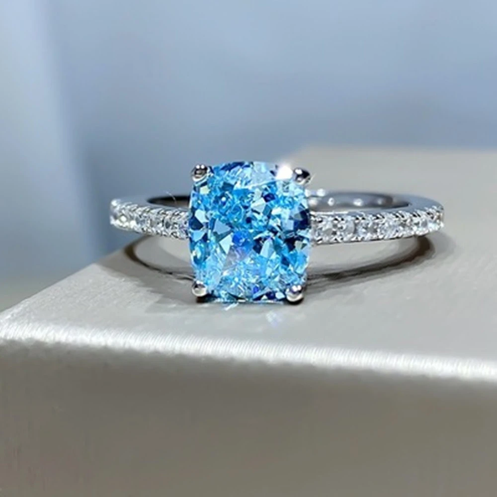 Women's Simple Square Blue Zircon Ring