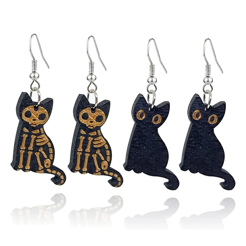 Wooden Black Skeleton Cat Drop Earrings