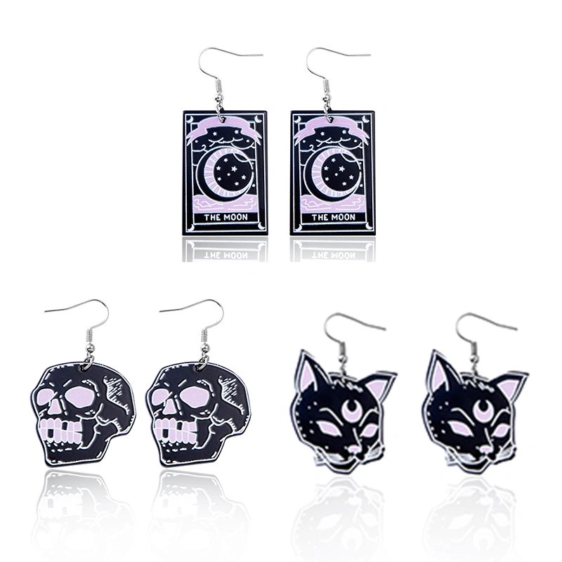 Halloween Black Cat Skull Acrylic Earrings For Women