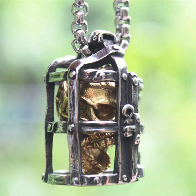 Birdcage Brass Gold Plated Screaming Skull Pendant Necklace