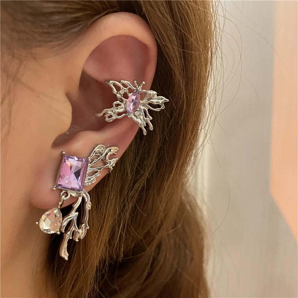 Vintage Purple Diamond Stereo Butterfly Stud Earrings