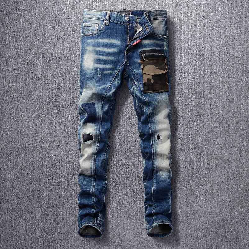 Men's Vintage Patchwork Ripped Slim Jeans