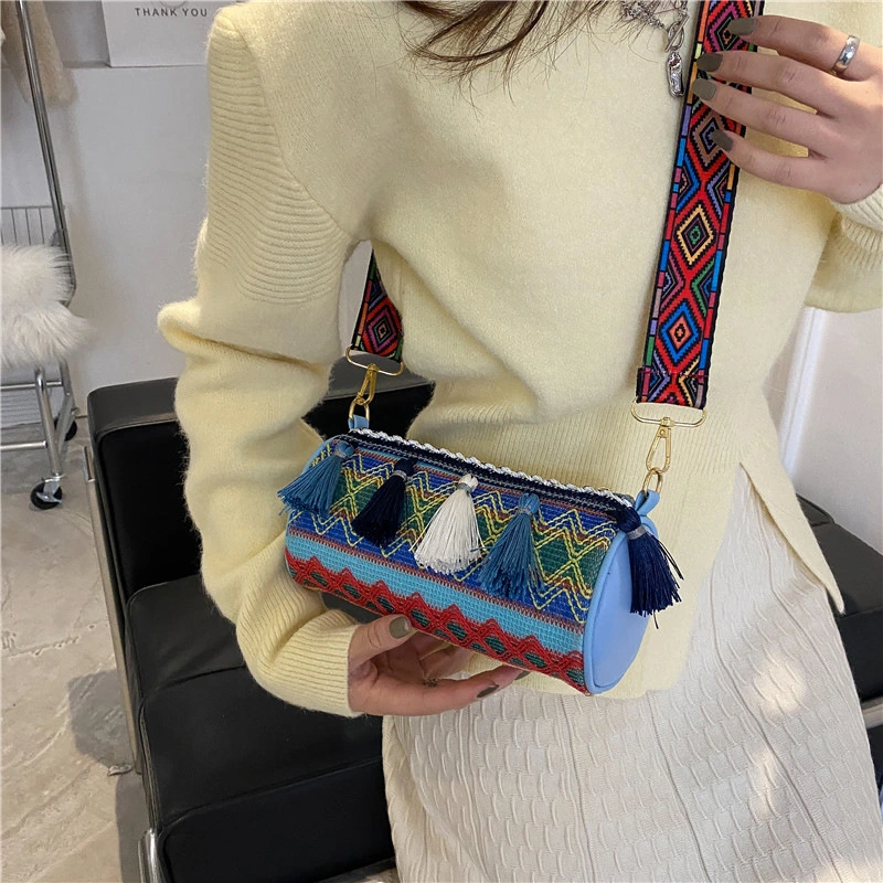 Women's Ethnic Contrast Embroidered Thread Cylinder Messenger Bag