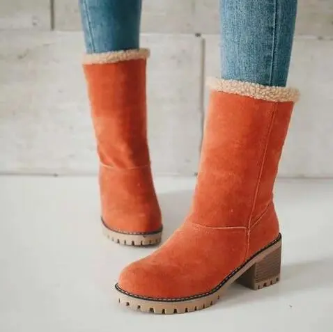 Suede Ankle Boots Adjustable Foldable Mid-Calf Boot Winter Flock Square Heels Shoes Fashion Plush Warm Platform Non-Slip Shoes