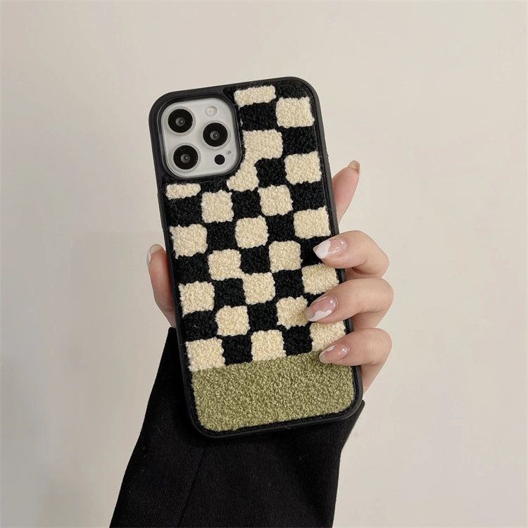 Plush Black Beige Green Plaid Phone Case