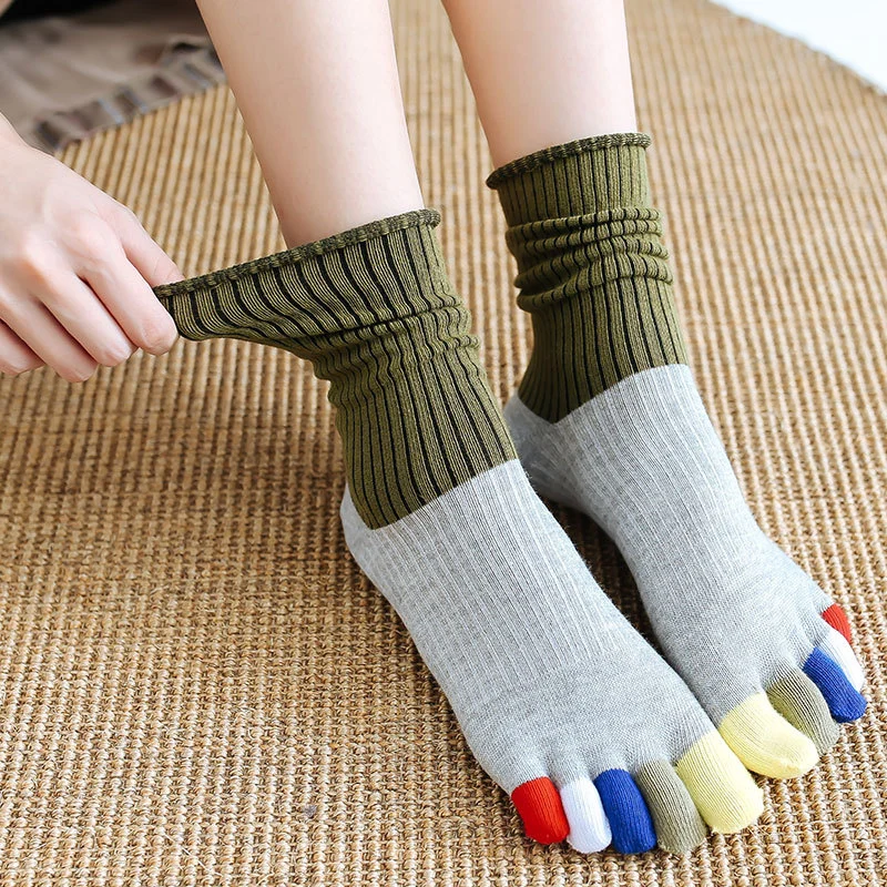 Japanese Toe Socks Female All Cotton Mid-calf Length Socks Autumn And Winter Color Finger Color Matching Bunching Socks