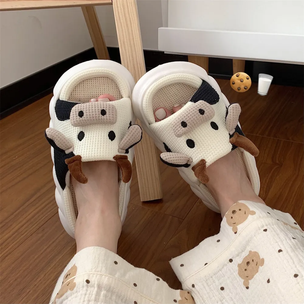 Cotton And Linen Cute Cartoon Dairy Cattle Mute Linen Slippers