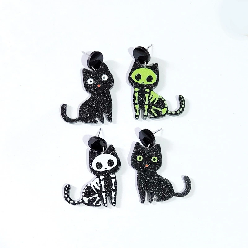 Halloween Horror Animal Bones Black Cat Earrings