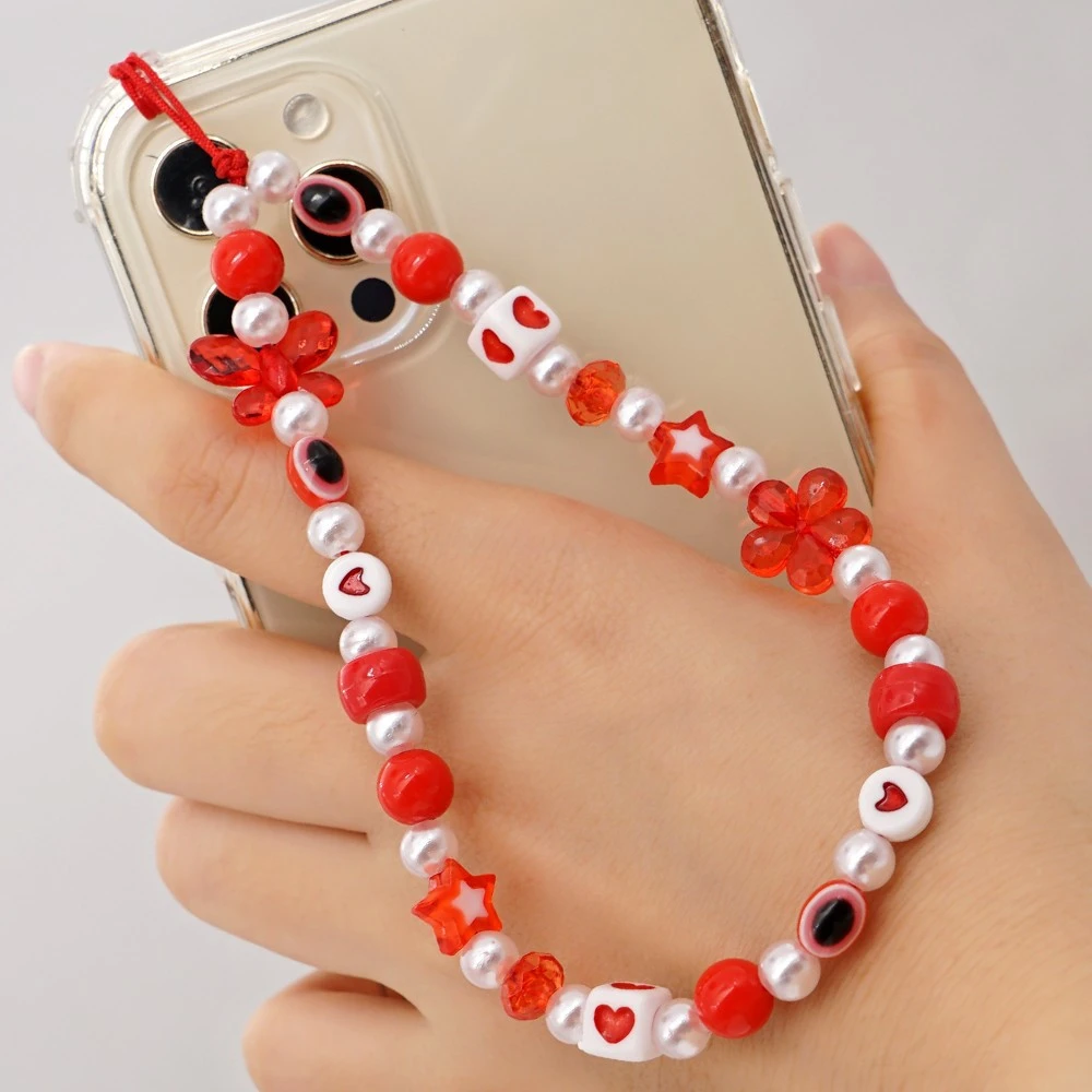 Simple Red Flower Butterfly Polymer Clay Mobile Phone Lanyard Acrylic Eye Beads Beaded Mobile Phone Charm Hanging Ornaments