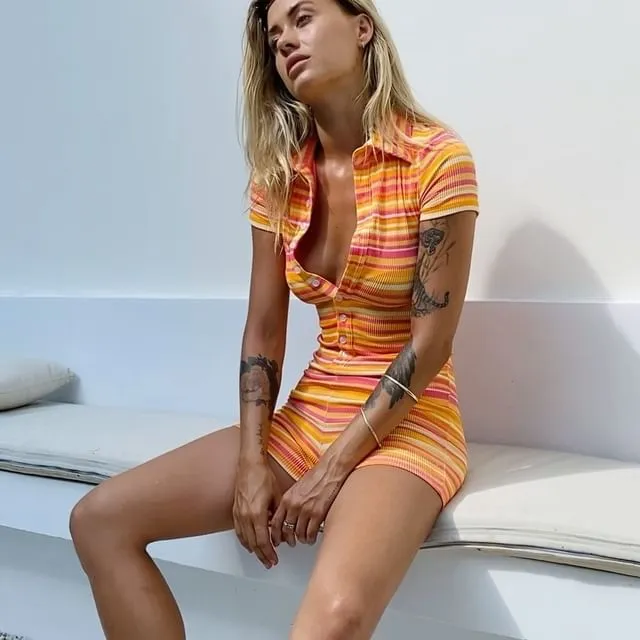 Women's Button Pit Digital Print Striped Playsuit Shorts
