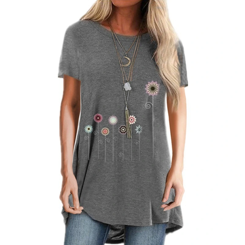 European And American Flower Printing Round Collar With Short Sleeves
