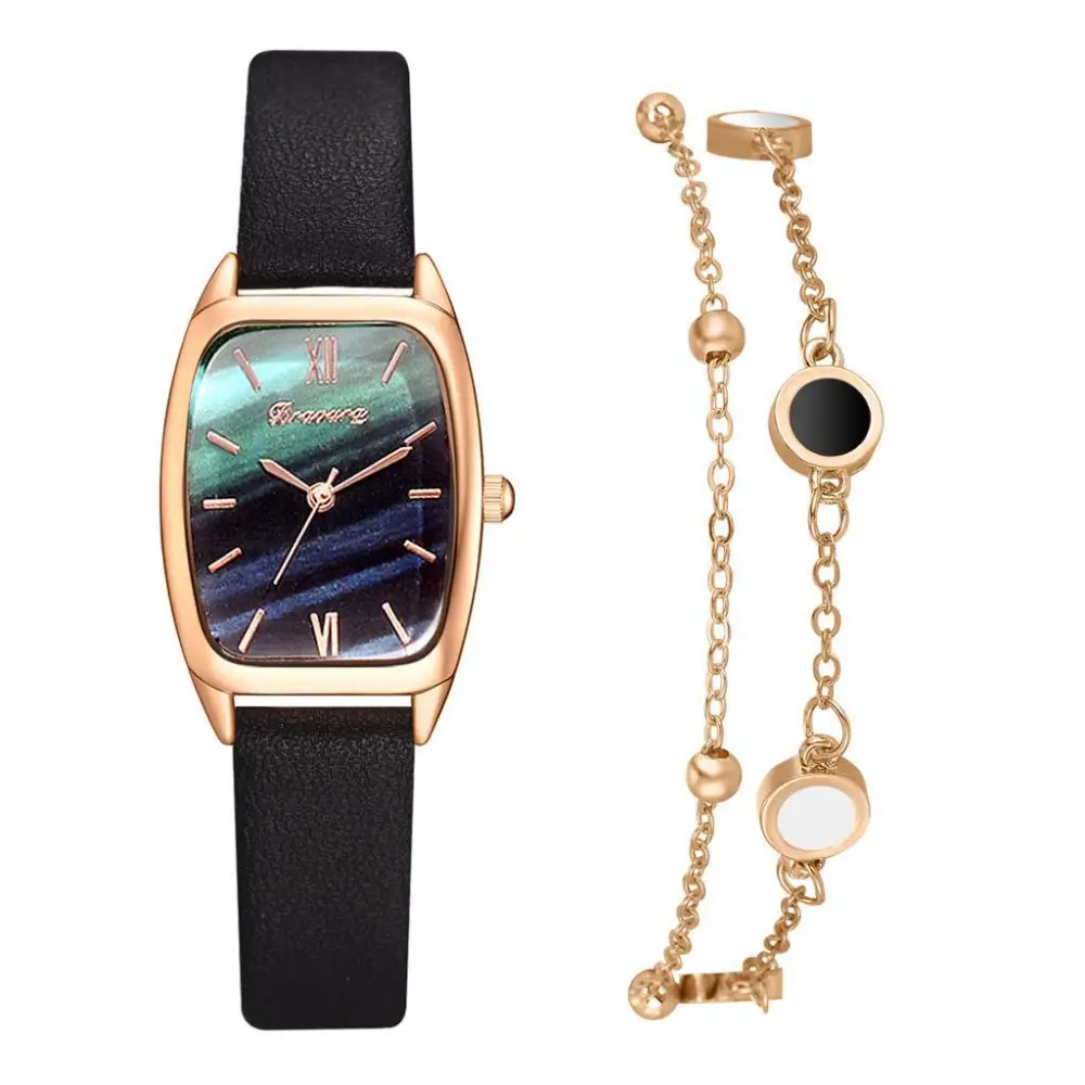 Women's Watch Classic Fashion Square Toe Watch Pu Strap Quartz Watch Bracelet Set