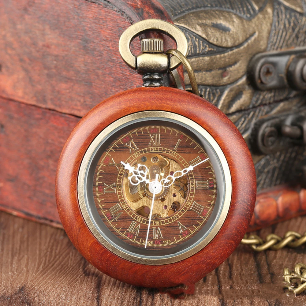 Mahogany Texture Dial Golden Roman Literal Automatic Mechanical Wooden Pocket Watch