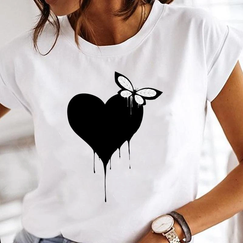 Women's Printed Clothes Watercolor Butterfly New Cute Women's Top T-shirt Fashion Cartoon Round Neck
