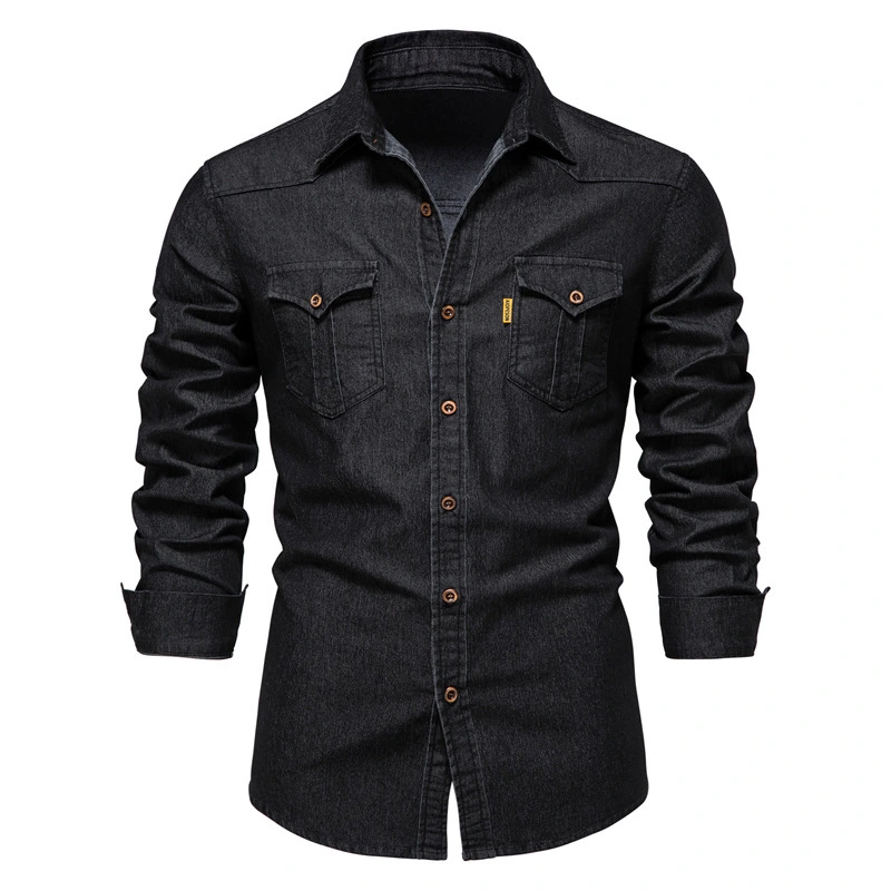 New Denim Men's Casual Solid Color Long Sleeve Shirt