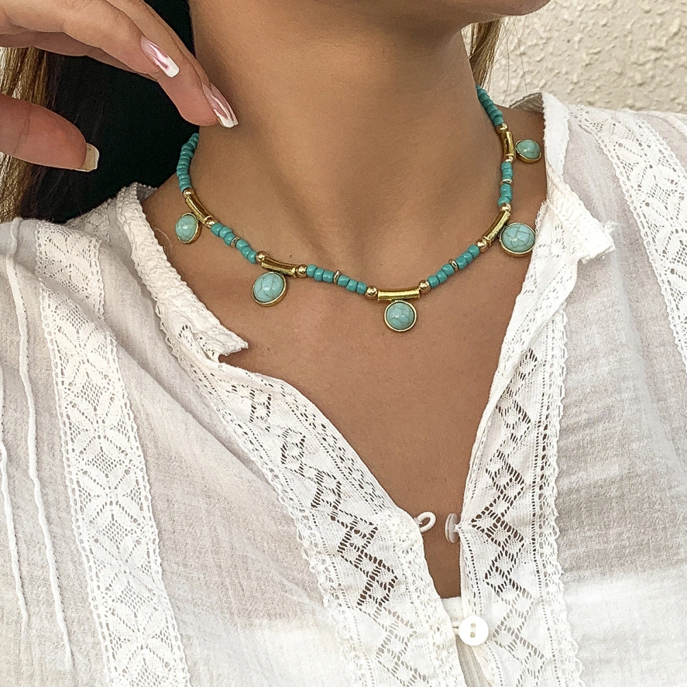 Women's Vintage Turquoise Pattern Tassel Pendant Necklace