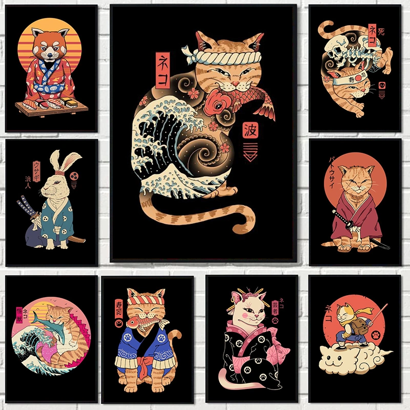 Cat Samurai Ramen Nostalgic Cosplay Poster Canvas Painting