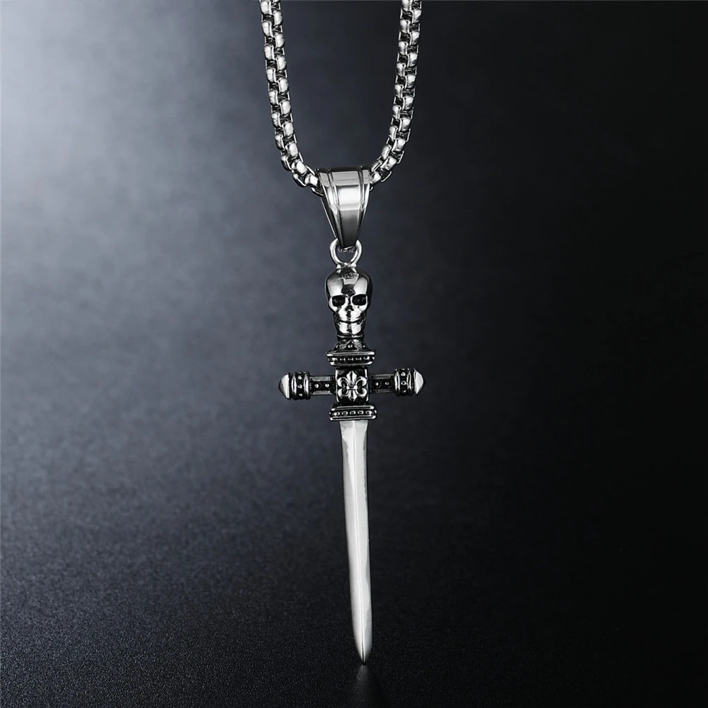 Punk Personality Retro Skull Cross Sword Men And Women Titanium Steel Pendant Necklace