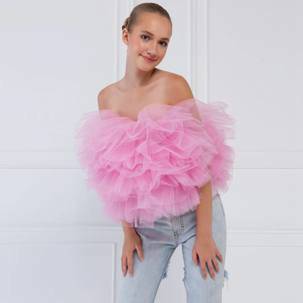 Ladies Fashion Mesh Slip-Neck Puff Top