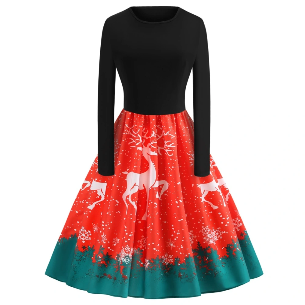 Long Sleeve Elk Print Elastic Waist Swing Skirt