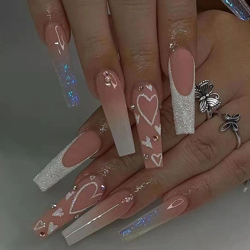 Long Nail Ballerina Gradient Heart Nail With Diamonds