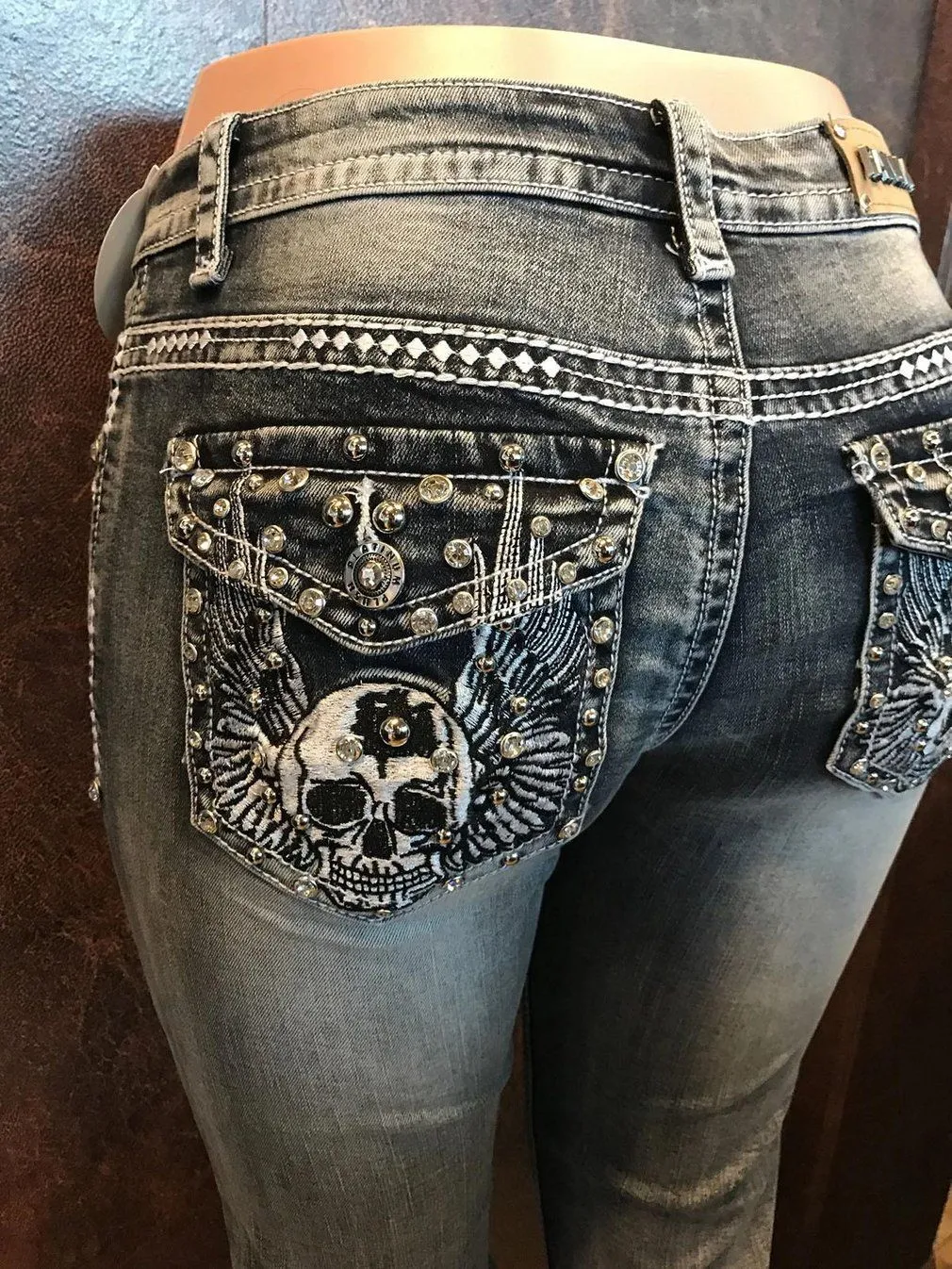 New Retro Embroidered Skull High Waist Slim Jeans Women