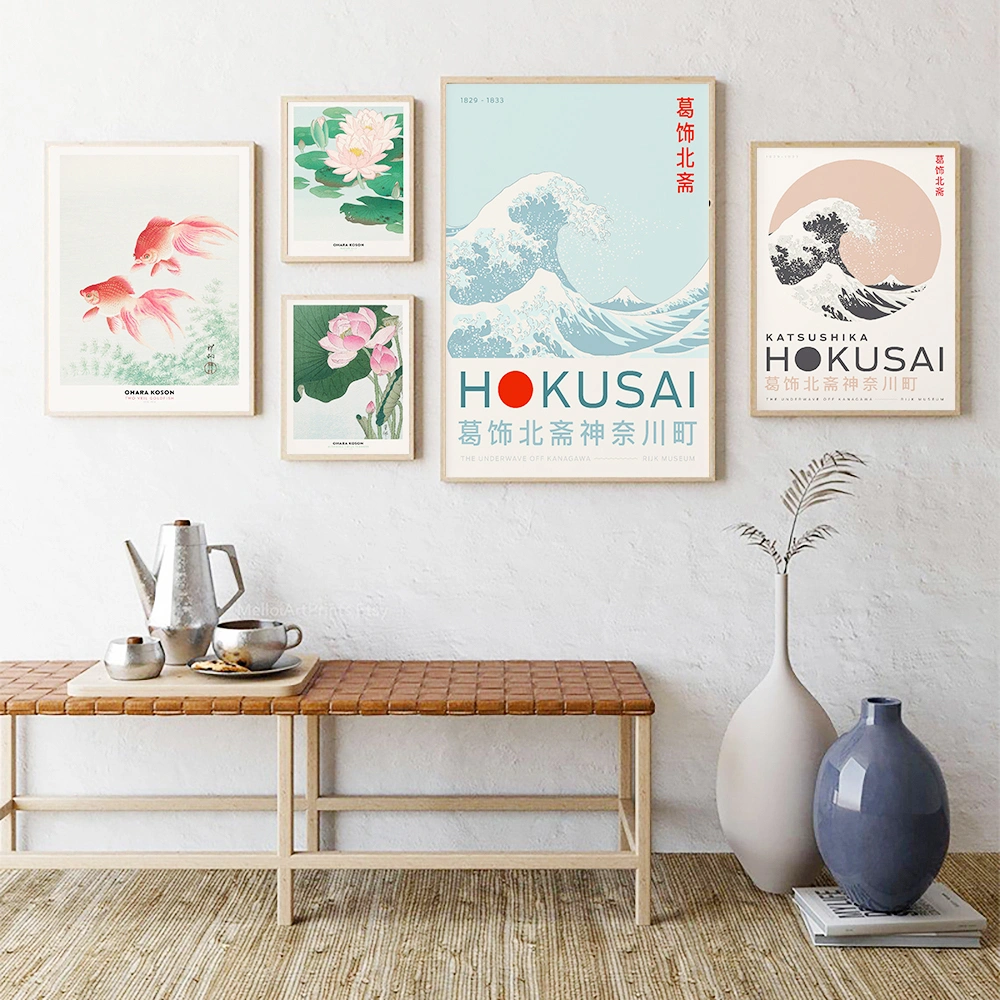 Japanese Retro Hokusai Big Wave Ohara Goldfish Lotus Poster Home Decoration Canvas Painting